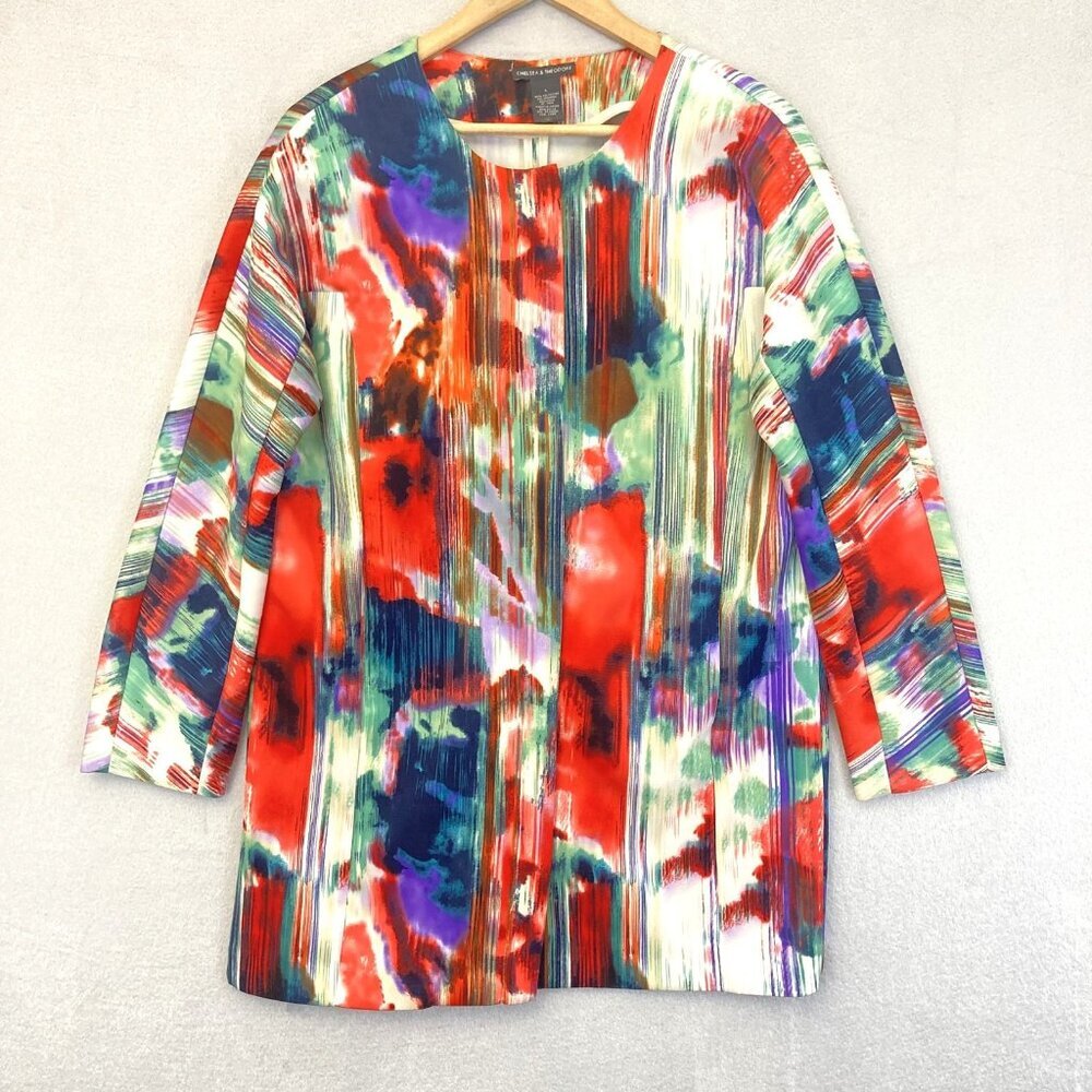 Chelsea & Theodore Scuba Zip Blazer Jacket Womens Large L Colorful Artsy‎ Office